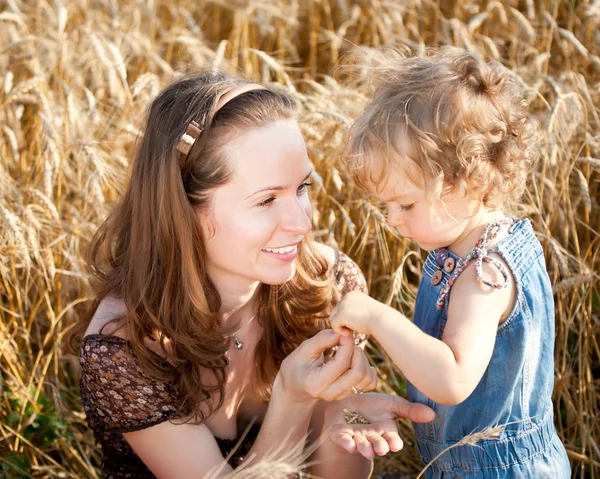 Kobieta i dziecko w polu pszenicy — Zdjęcie stockowe