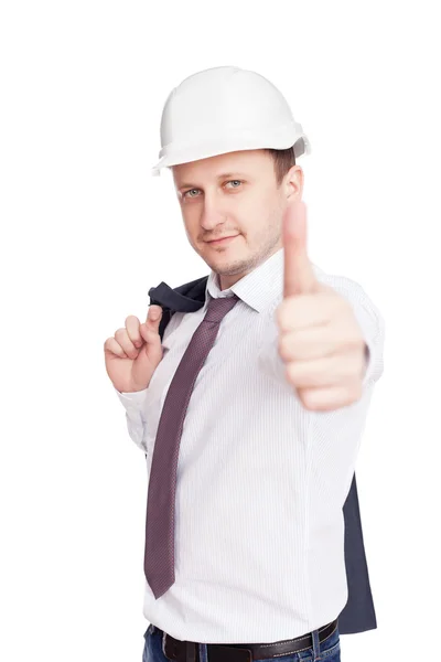 Succesvolle ingenieur met Duimschroef opwaarts gebaar geïsoleerd op witte bac — Stockfoto