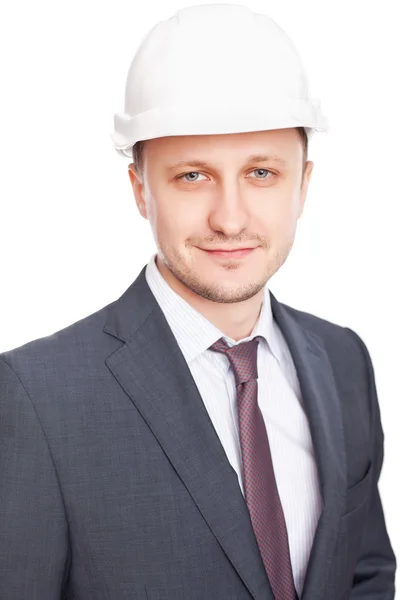 Μηχανικός με λευκό σκληρό καπέλο στέκεται απομονωθεί με βεβαιότητα σχετικά με wh — Φωτογραφία Αρχείου