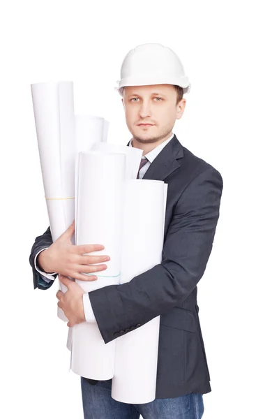 Engineer with blueprints isolated on white background — Stock Photo, Image