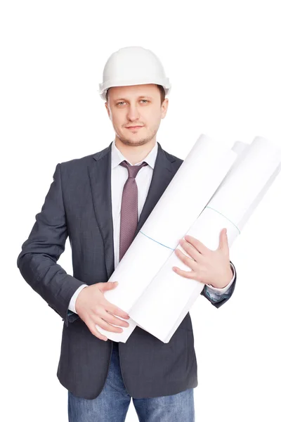 Ingenieur mit Bauplänen isoliert auf weißem Hintergrund — Stockfoto