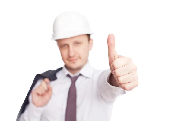 成功的工程师与上白色 bac 孤立的手势竖起大拇指 — 图库照片