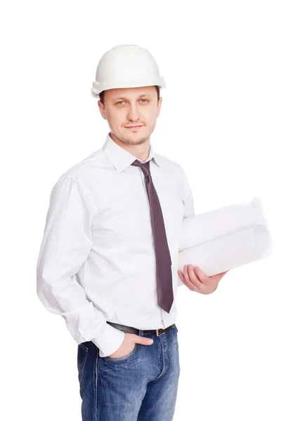 Ingenieur mit Bauplänen isoliert auf weißem Hintergrund — Stockfoto