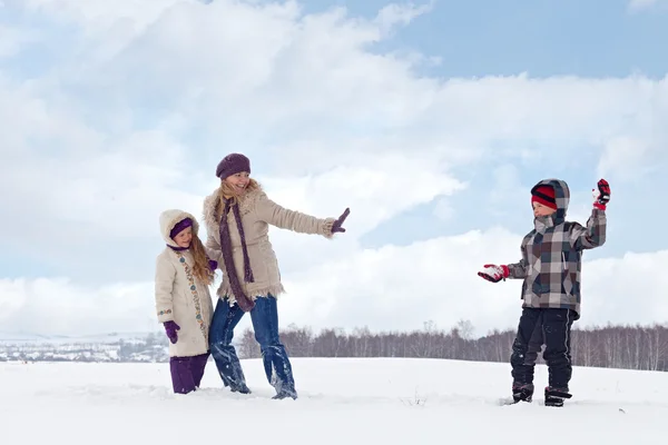 Дети и женщины наслаждаются снегом — стоковое фото