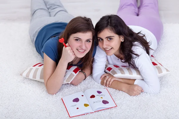 Νεαρά κορίτσια στην αγάπη, γράφοντας σε ένα ημερολόγιο — Φωτογραφία Αρχείου