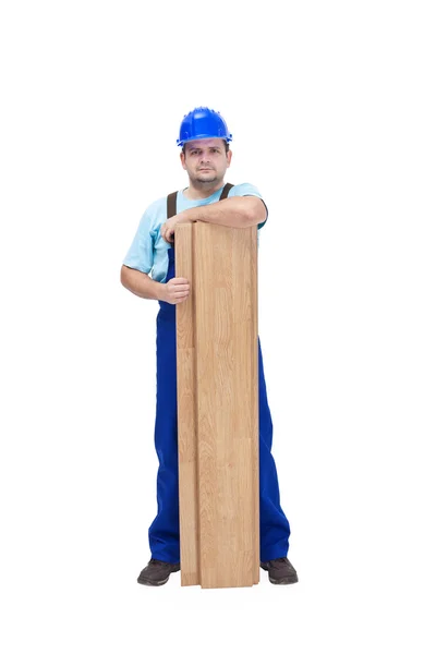 Werknemer met planken vloeren — Stockfoto