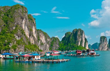 View of floating village in Halong Bay clipart