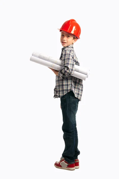 Child with red helmet and sketches — Stockfoto