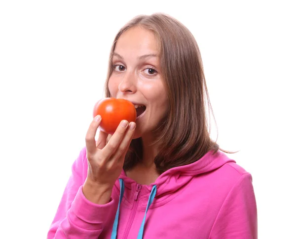 分離されたトマトを食べる女 — ストック写真