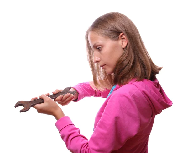 Frau mit Schraubenschlüssel isoliert — Stockfoto