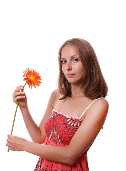 Женщина с цветком, изолированная — стоковое фото