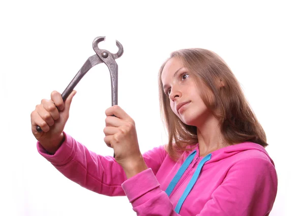 Woman with pliers, isolated — Stock Photo, Image