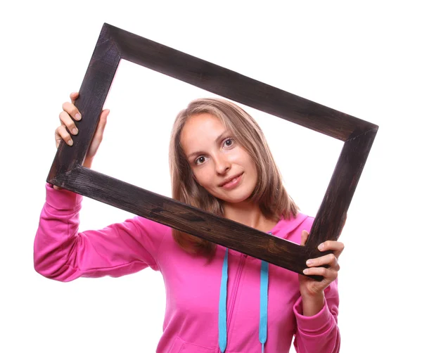 Mujer sosteniendo el marco en blanco — Foto de Stock