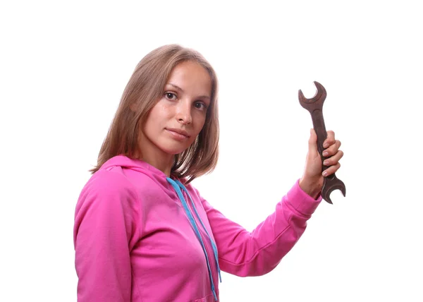 Vrouw met moersleutel, geïsoleerd — Stockfoto