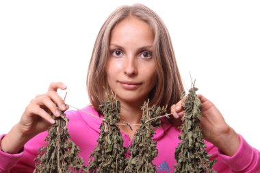 Young woman with medicinal plants, isolated clipart