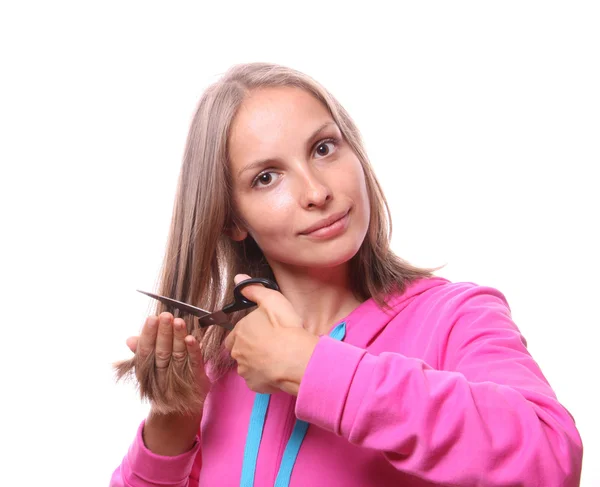 Woman going to cut her long hair — Stock Photo, Image