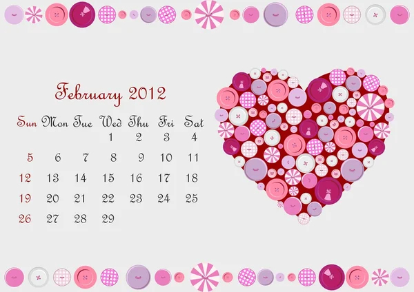 2012 年 2 月日历与心脏从按钮 — 图库矢量图片