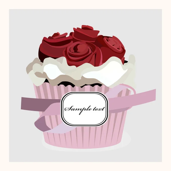 Postkarte mit Cupcake mit Rosen, isoliert auf weißem Hintergrund — Stockvektor