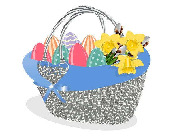 Basket with bouquet of spring flowers and color eggs — Stock Vector