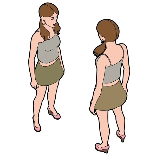 Mujer isométrica frente y espalda posa — Vector de stock