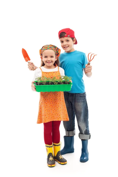 Bambini pronti a piantare le piantine — Foto Stock