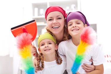 Cleaning taskforce - woman with kids tidy up clipart