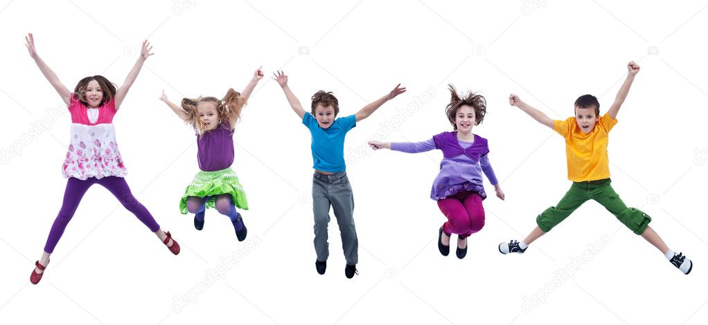 Happy kids jumping high - isolated