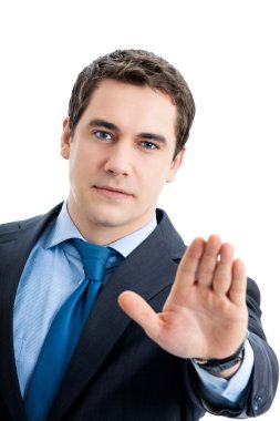 Businessman with stop gesture, on white clipart