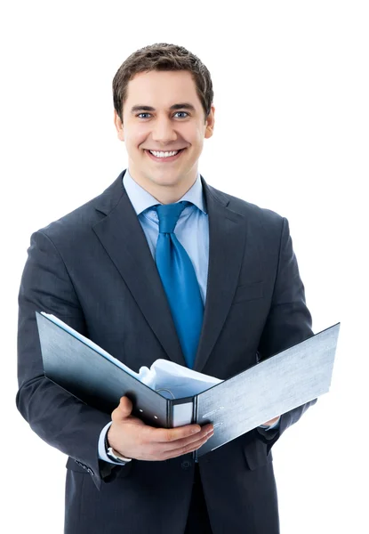 Hombre de negocios con carpeta, en blanco — Foto de Stock