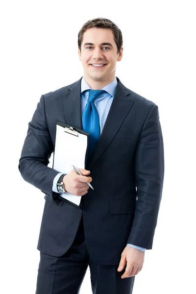 Businessman with clipboard, isolated — Stock Photo, Image