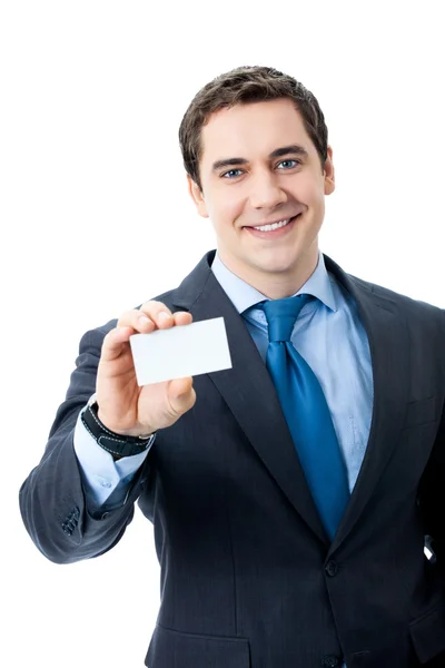 Επιχειρηματίας δείχνει κενό επαγγελματική κάρτα, απομονωμένη — Φωτογραφία Αρχείου