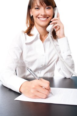 Businesswoman with phone writing, isolated clipart