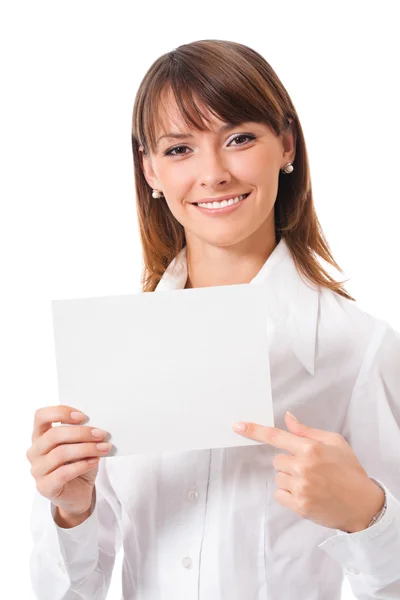 Businesswoman showing blank signboard, isolated — Stock Photo, Image