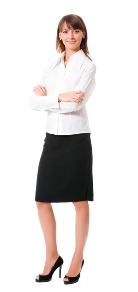 Giovane donna d'affari allegra, isolata su bianco — Foto Stock