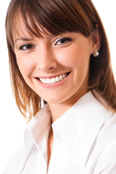 Ευτυχής χαμογελαστό γυναίκα των επιχειρήσεων, πέρα από το λευκό — Φωτογραφία Αρχείου