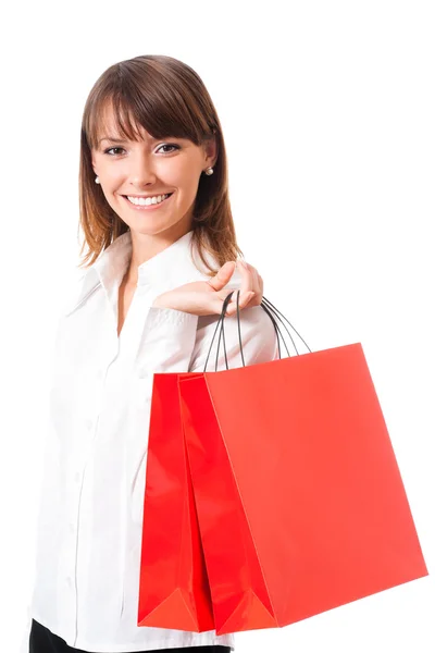 Kobieta z torby na zakupy, na białym tle — Zdjęcie stockowe