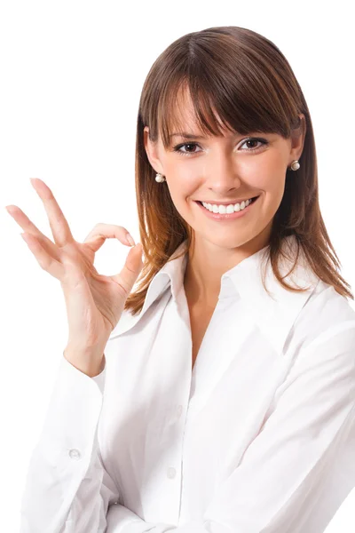 Affärskvinna med okej gest, på vitt — Stockfoto