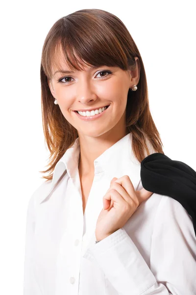 Glada leende affärskvinna, över vita — Stockfoto