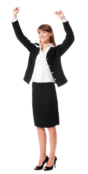 Happy gesturing businesswoman, on white — стоковое фото