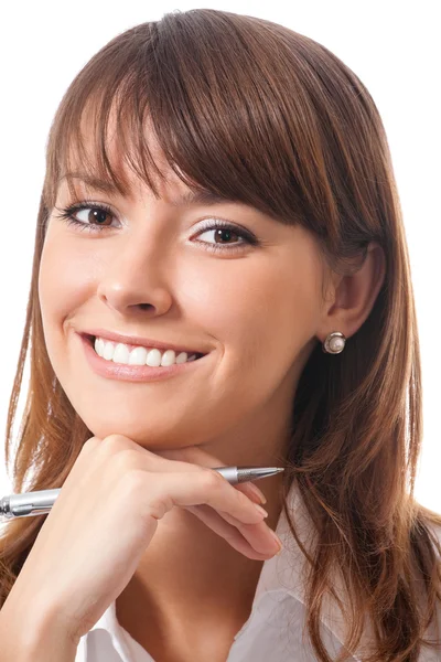 Gelukkig Glimlachende zakenvrouw, over Wit — Stockfoto