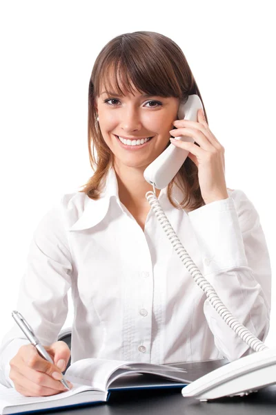 Бізнес-леді з телефоном, ізольовані — стокове фото
