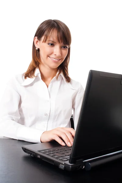 Donna d'affari con computer portatile, isolato su bianco — Foto Stock