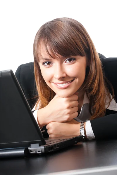 Kobieta z laptopa, na białym tle — Zdjęcie stockowe