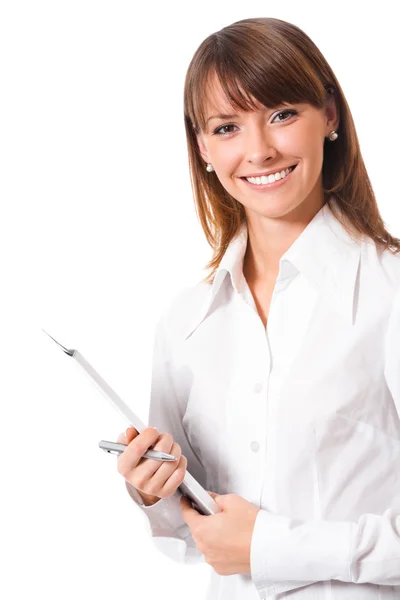 Kobieta z folderu niebieski, na białym tle Obrazek Stockowy