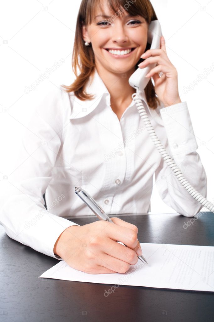 Businesswoman with phone writing, isolated