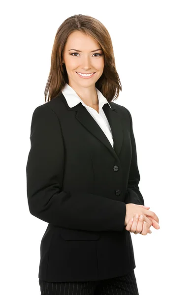 Felice donna d'affari sorridente, sopra bianco — Foto Stock