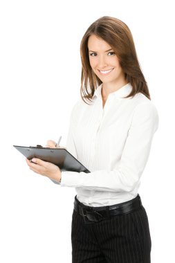 Businesswoman with clipboard writing, isolated clipart