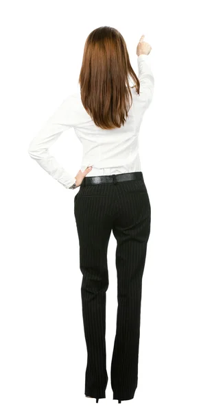 Widok kobiety biznesu, wyświetlone, na białym tle z tyłu — Zdjęcie stockowe