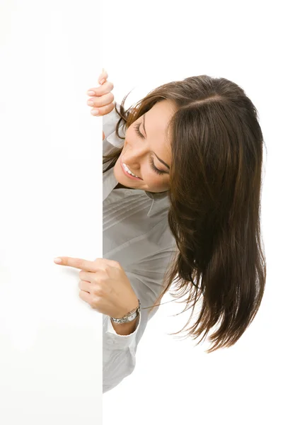 Geschäftsfrau zeigt leeres Schild, auf weiß — Stockfoto