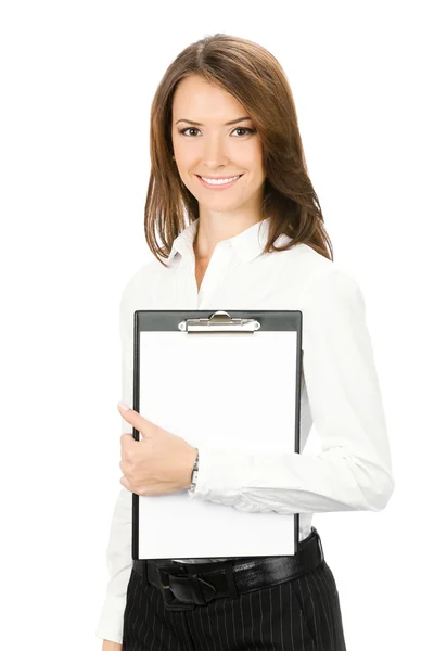 Businesswoman showing blank clipboard, on white Stock Photo